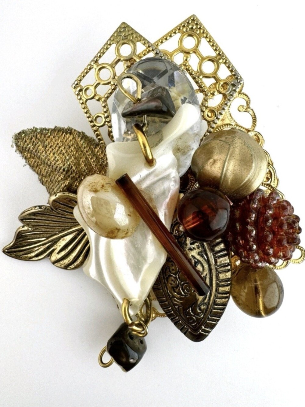 Vintage Assembllage Brooch Goldtone Mixed Media Statement Artisan 3"
